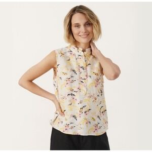 Part Two Poula‎ Peony Leaf Bouquet Print Sleeveless Ruffle Shirt White Small 36